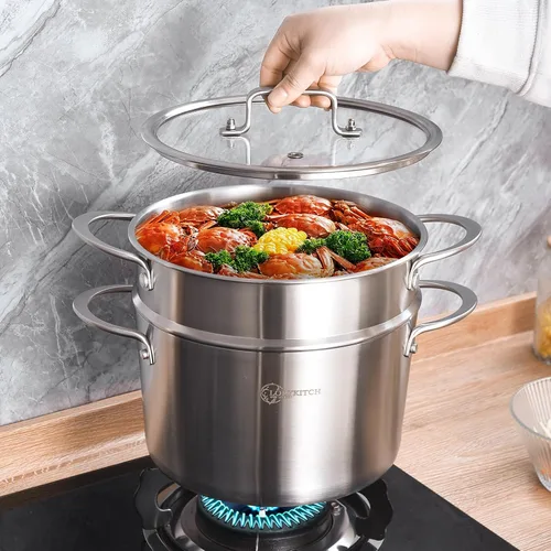 Vista 4 de LOLYKITCH Olla de Stock de Acero Inoxidable de Tres Capas de 3 QT con Tapa y Vaporera, Olla de Cocina por Inducción, Utensilios de Cocina al Vapor