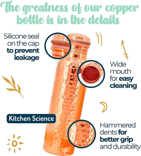 Vista 3 de Kitchen Science Botella de agua de cobre (1000ml/34oz) con una bolsa de transporte de lona Botella de cobre 100% pura para agua potable Botella