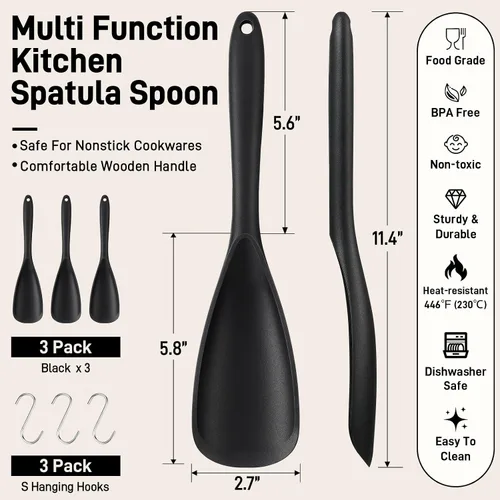 Vista 7 de Paquete de 3 espátulas de cocina de silicona y cuchara para utensilios de Paquete de 3 Negro