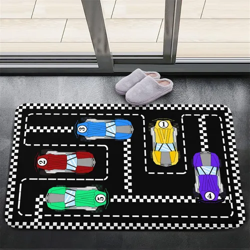 Vista 20 de Alfombra de construcción – Alfombras de construcción para habitación de niños, divertido diseño de camión de dibujos animados, alfombra de coche