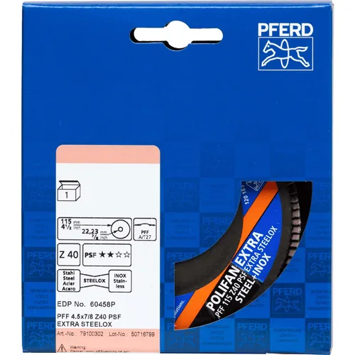 Vista 8 de PFERD POLIFAN® Disco Flap 4-1/2" x 7/8" Plano PSF-Extra, Circonita, Grano 40 (Paquete de 1) - Parte 60458