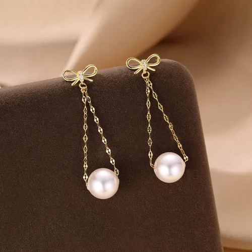 Vista 5 de SLUYNZ Pendientes colgantes de plata de ley para mujer, aretes de gota de perlas con lazo
