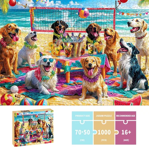 Vista 3 de Rompecabezas para adultos de 1000 piezas, rompecabezas de perro de 1000 piezas – Doggo Beach Bash, rompecabezas de decoración de fiesta