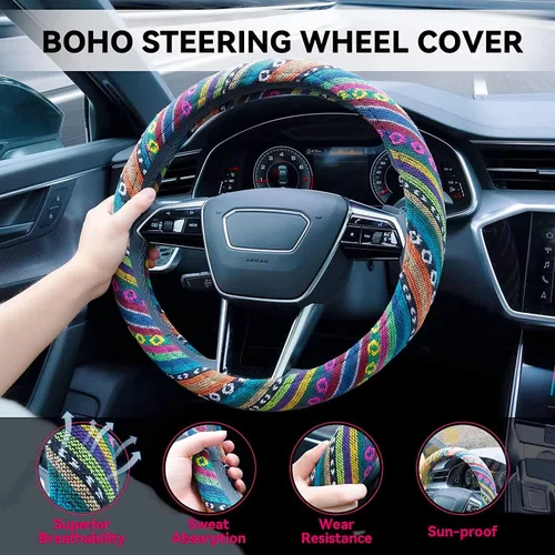 Vista 3 de funda elástica de microfibra para volante estilo boho para mujeres, ajuste universal de 38 cm para auto y SUV, cubierta protectora estilo hippie