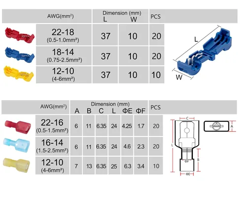 Vista 6 de Ginsco - 100 unidades/50 pares de conectores de cable T-Tap, terminales de cable eléctricos autopelables de empalme rápido con conector macho