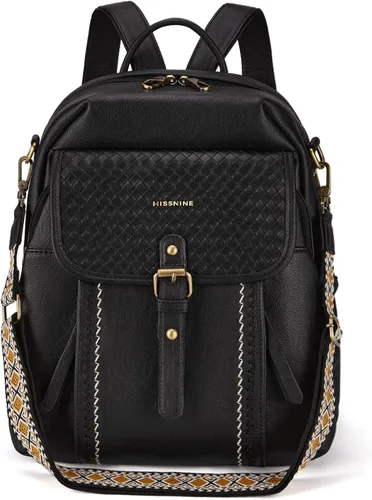Vista 8 de Missnine Mochila de cuero para mujer, mochila antirrobo, bolsa de hombro convertible con cremalleras seguras para viajes y trabajo, Negro -, Vintage