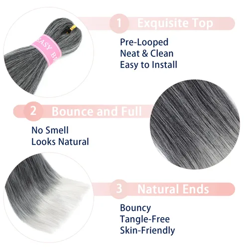 Vista 4 de Cabello para trenzar preestirado plateado, 20 pulgadas, 6 paquetes de extensiones de cabello trenzado Ombre preestiradas para mujeres, fibra