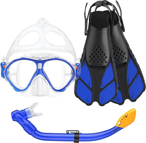 Vista 13 de Seovediary Juego de esnórquel para niños, máscara, aletas, equipo de esnórquel para niños, gafas de natación antiniebla con vista panorámica de 180