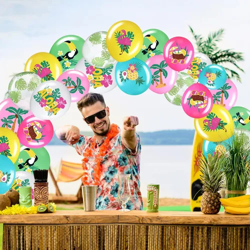 Vista 6 de Zhanmai 50 globos hawaianos para fiestas, globos de látex Aloha Tropical Luau para fiesta hawaiana Luau, verano, playa, cumpleaños, Tiki Bar