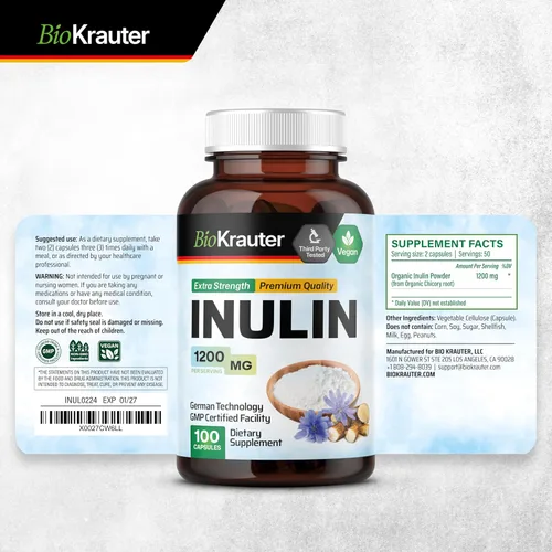 Vista 8 de BIO KRAUTER Polvo de inulina de raíz de achicoria en cápsulas de 1200 mg por porción, 100 unidades, fibra prebiótica de inulina vegana y pura