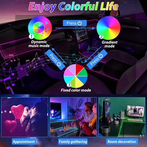 Vista 8 de Tira de luces LED para coche, luces interiores del coche, kit de iluminación LED ambiental con RGB de 16 millones de colores de fibra óptica y ritmo