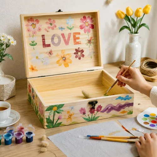 Vista 2 de JJSQ - Caja de almacenamiento de madera pequeña con tapa con bisagras, rectangular, sin terminar, sin pintar, caja de almacenamiento de madera