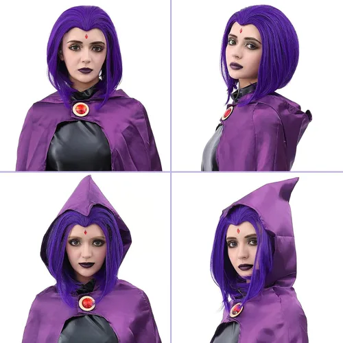 Vista 5 de Peluca Corta Púrpura Cosplay Peluca Corta Bob Púrpura Peluca de Halloween para Disfraces de Mujeres Púrpura/Bob