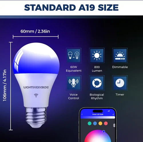 Vista 2 de Lightinginside Bombillas inteligentes equivalentes a 60 W, bombilla inteligente WiFi de 800 lúmenes, 9 W, compatible con Alexa/Google Assistant