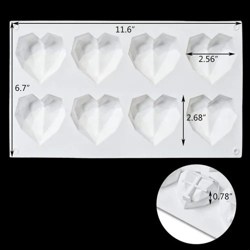 Vista 6 de Molde de silicona para pastel de chocolate con forma de corazón de diamante de 8 cuadrículas, molde de silicona para hornear, mousse, postre, 3D