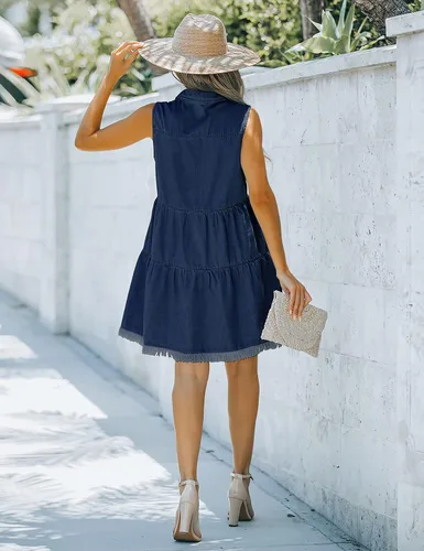 Vista 6 de luvamia Vestido de mezclilla corto con solapa sin mangas y botones para mujer