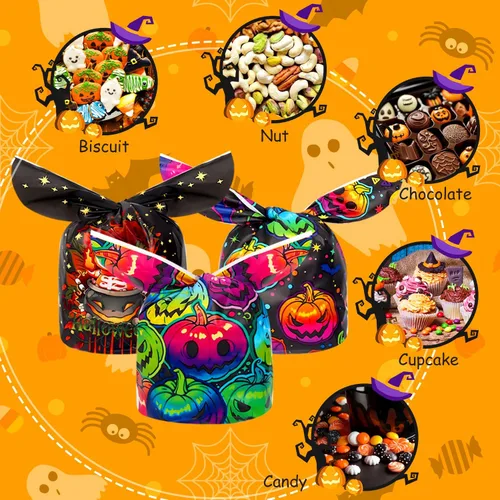 Vista 4 de Weenkilly 100 Bolsas de Golosinas de Halloween, 6 Estilos de Bolsas de Dulces para Niños, Linda Bolsa de Plástico con Orejas de Conejo, Bolsa