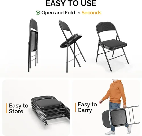 Vista 6 de Bonnlo Silla plegable, sillas plegables acolchadas de tela con cojín, respaldo y marco de acero para interiores y exteriores, comedor, oficina, Negro