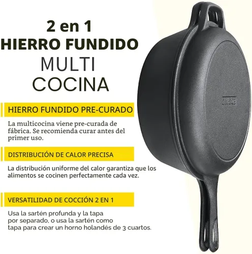 Vista 3 de EDGING CASTING Olla de hierro fundido pre-curada de 2 en 1 con tapa de sartén, juego de olla holandesa de 10" y olla de 3 cuartos de galón