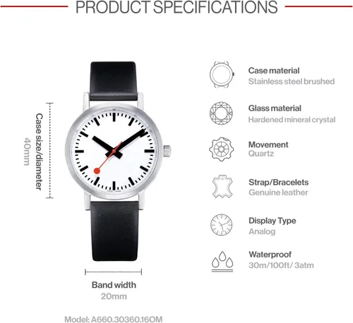 Vista 3 de Mondaine Reloj negro de cuarzo suizo A660.30360.16OM SBB para hombre, Classic