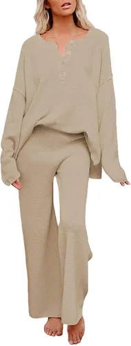 Vista 13 de Viottiset Conjunto de 2 piezas para mujer, sudadera de punto de manga larga, pantalones de pierna ancha, ropa de descanso Beige