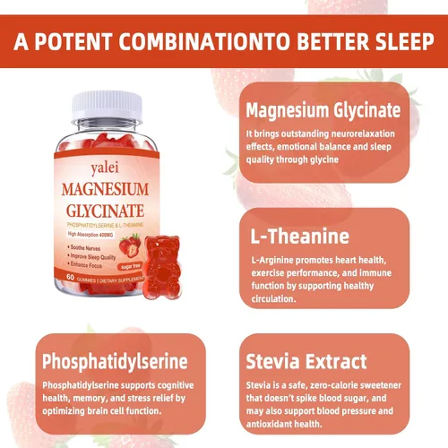 Vista 4 de Gomitas de glicinato de magnesio de 400 mg con L-teanina, fosfatidilserina, sueño, estrés y alivio muscular, para adultos y niños, sin OMG, veganas