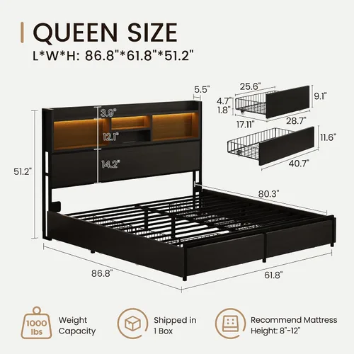 Vista 2 de BRELTAM Base de cama de almacenamiento tamaño Queen con 6 cajones, estación de carga USB, sin ruido, no requiere somier, cama de plataforma con Negro
