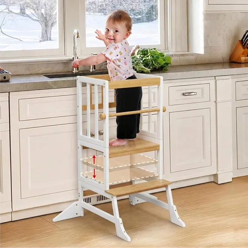 Vista 13 de COSYLAND Torre de pie para niños pequeños, taburete de cocina de altura Blanco