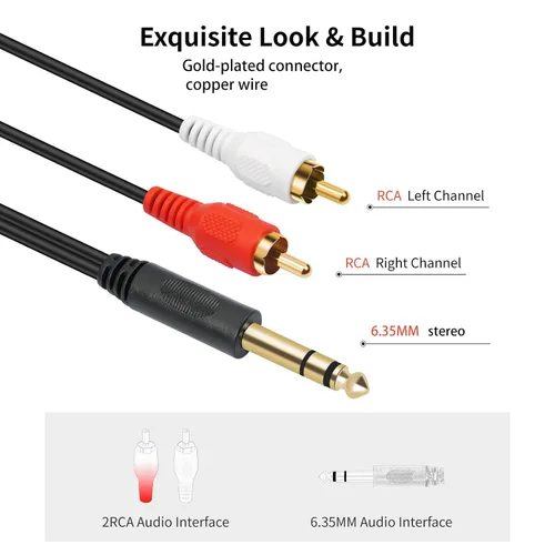 Vista 7 de Conector estéreo TRS macho chapado en oro de 0.250 in 1/4 pulgadas a 2 RCA Phono macho Audio Y Splitter Cable, conector de cable (4.9 ft)