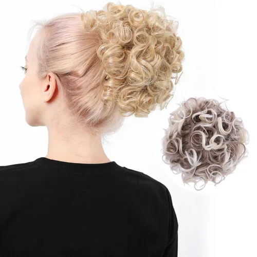 Vista 18 de Moño de cabello rizado desordenado, pieza de cabello sintético resistente al calor, extensiones de moño de cabello despeinado con cordón Updos Negro