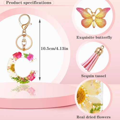 Vista 2 de HLQHXWHZT Llavero con letra inicial para mujer, llavero de mariposa, borla y mochila con flores realmente secas