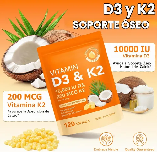 Vista 3 de Liefiet Vitamina D3 K2 10000 UI con 200 mg, cápsulas de vitamina D3 y K2, complejo de vitaminas D y K 2 en 1 con aceite de coco virgen, 120 cápsulas