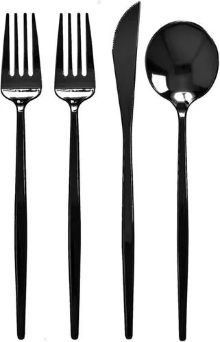 Vista 6 de Juego de cubiertos desechables de diseño moderno para vacaciones, juego de cubiertos de plástico para 24-24 cucharas de plástico, 24 cuchillos, 48
