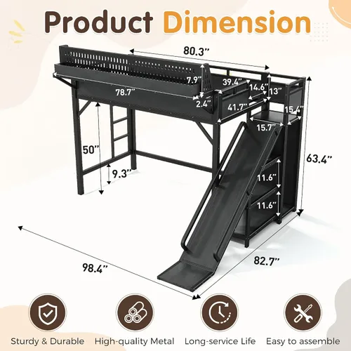 Vista 2 de Twin XL Metal Loft Bed with Slide, Black Negro