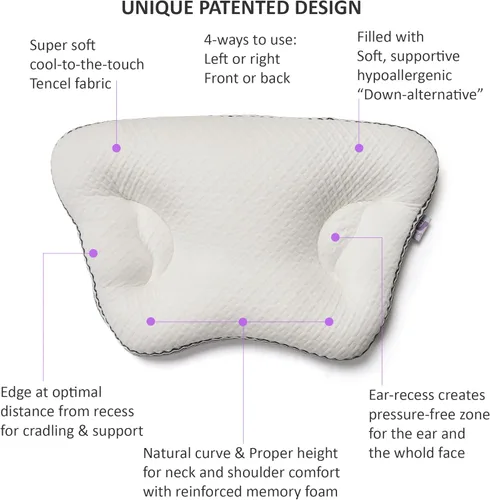 Vista 4 de Almohada - Dispositivo facial de prevención de arrugas del sueño, diseño patentado para huecos de oído, diseñado para personas que duermen de lado
