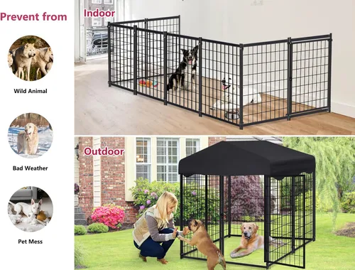 Vista 8 de Perrera para perros en el exterior, 4.5 x 4 x 4 pies, con techo para perros medianos y pequeños, jaula para perros al aire libre con cubierta