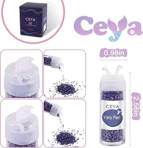 Vista 5 de Ceya - Conjunto de purpurina de vidrio irregular triturado en 32 colores, 640g/ 22.6 oz, chips de cristal metálico roto de 2-4mm, purpurina gruesa