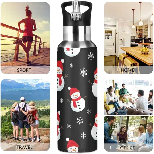 Vista 5 de Cute Snowmen Black Stainless Steel Vacuum Insulated Water Bottle 20 Oz Leakproof Water Bottles, BPA-Free Sports Water Bottle with Straw