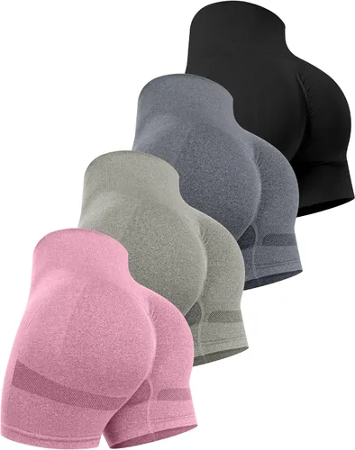 Vista 15 de CHRLEISURE Pantalones Cortos de Entrenamiento para Mujer, 4 Paquetes, Cintura Alta, Levantamiento de Glúteos con Fruncido, Pantalones Cortos Booty