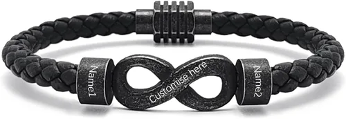 Vista 21 de Pulsera personalizada para hombre con cuentas de nombre personalizadas, pulsera de cuero trenzado personalizada grabada con 2-6 nombres