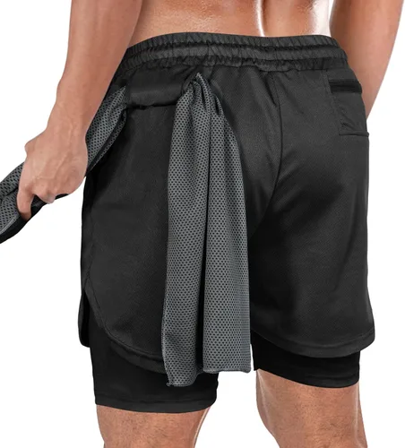 Vista 2 de Pantalones cortos de correr para hombre 2 en 1 de malla para gimnasio, entrenamiento, deportes, pantalones cortos atléticos para hombres