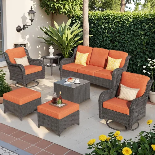 Vista 59 de Juego de muebles de exterior para patio, silla y sofá (ratán marrón, beige, 3 piezas)