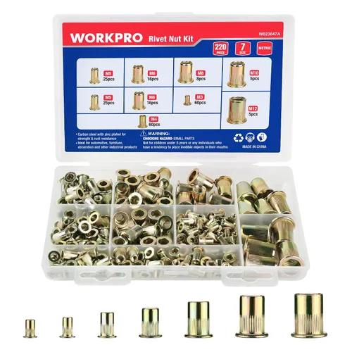 Vista 8 de WORKPRO 50 tuercas de remache, tuerca remachable de acero inoxidable de 1/4"-20, cabeza plana roscada con cuerpo moleteado