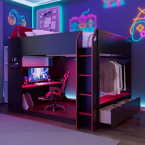 Vista 12 de KLMM Cama loft de madera creativa de tamaño individual con escritorio y estantes de almacenamiento múltiple, LED y un perchero para colgar ropa