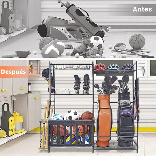 Vista 7 de WALMANN Organizador de equipo deportivo de garaje, soporte para bolsa de golf para almacenamiento de pelotas de garaje, estante de almacenamiento