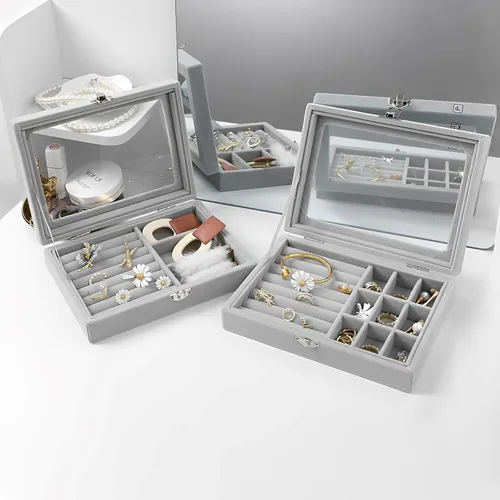 Vista 6 de Caja de almacenamiento de cristal de terciopelo para joyas, bandeja para anillos, aretes, organizador de anillos, collar y joyero