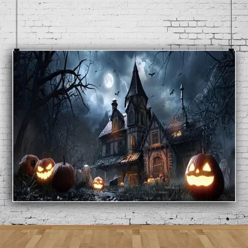 Vista 2 de AOFOTO Telón de fondo de Halloween de 5 x 3 pies, luz de luna, sombrío estilo gótico, castillo, calabaza, farol, fotografía, fondo, vampiro