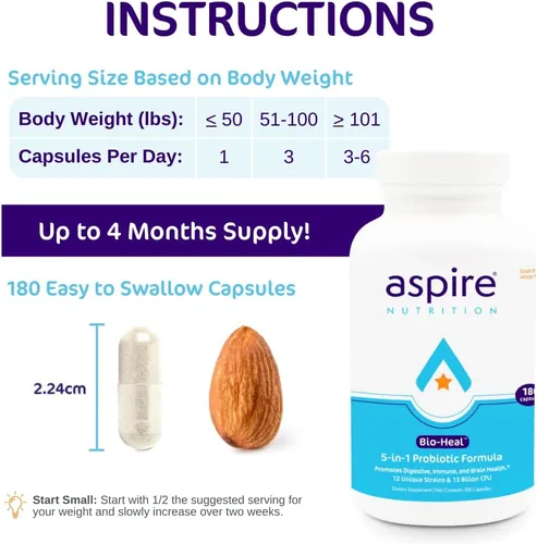 Vista 3 de Aspire Nutrition Probiótico Bio-Heal® 5 en 1 para niños, hombres y mujeres - El mejor suplemento para la función cerebral, la salud intestinal