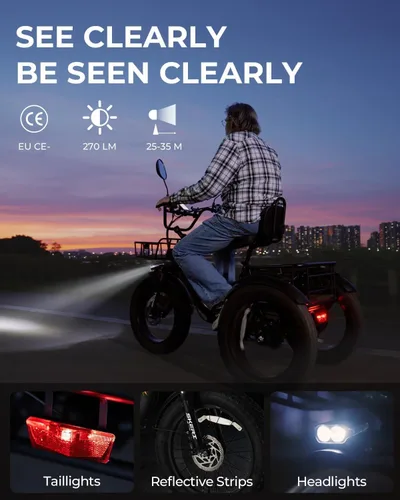 Vista 4 de Skeri Triciclo eléctrico para adultos, motor Etrike de 750 W (pico 1350 W), triciclo eléctrico plegable de 20 x 4 pulgadas, batería de 48 V13Ah