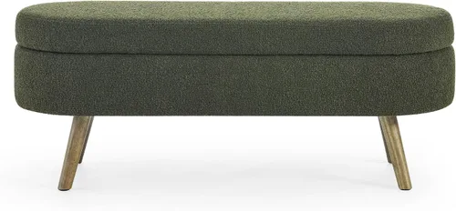 Vista 3 de Banco de almacenamiento ovalado otomano, taburete con patas de madera de goma para sala de estar, entrada y dormitorio (verde)